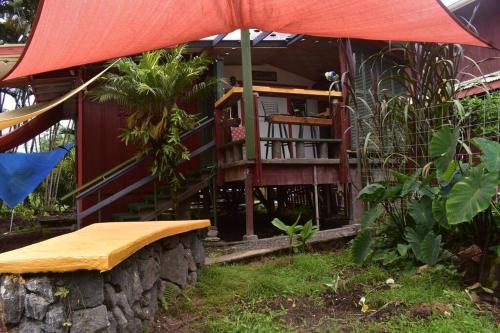 凯阿奥The Red Cottage and Hawaiian Pond Garden Paradise!的一座房子,上面有红伞和长凳