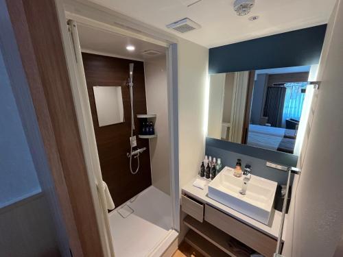 Jozankei章月格兰德酒店 的一间带水槽和镜子的浴室