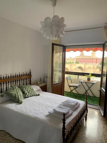 萨拉戈萨Apartamento Con Vistas Al Pilar con Aparcamiento privado的一间卧室配有一张床,享有庭院的景色