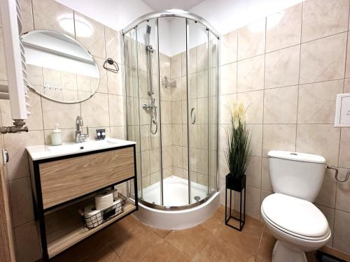 库瑞尼卡慕斯卡DALBA pokoje przy samej plaży的带淋浴、卫生间和盥洗盆的浴室