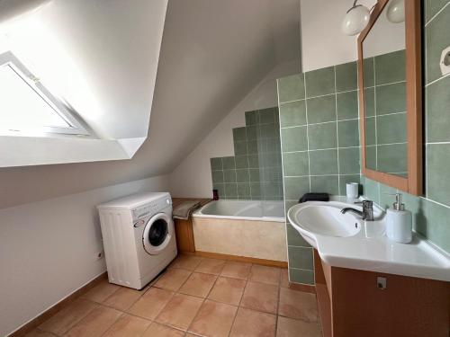 埃尔顿Chez KS, cottage au calme proche d'Orléans的一间带水槽和洗衣机的浴室