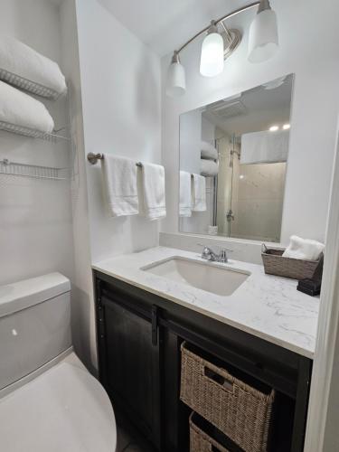 萨默赛德Sunflower Guest Suites的一间带水槽、卫生间和镜子的浴室
