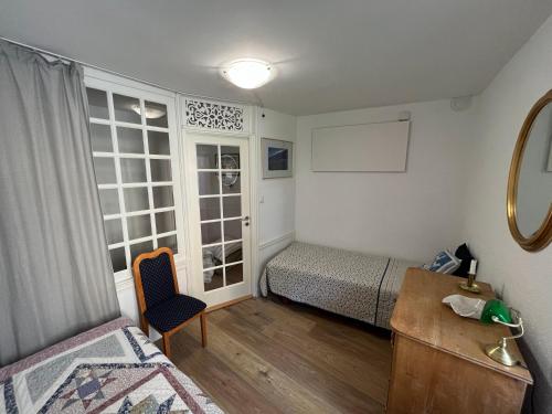 科巴里德Apartma Kresnička的一间卧室配有一张床、一张书桌和一个窗户。