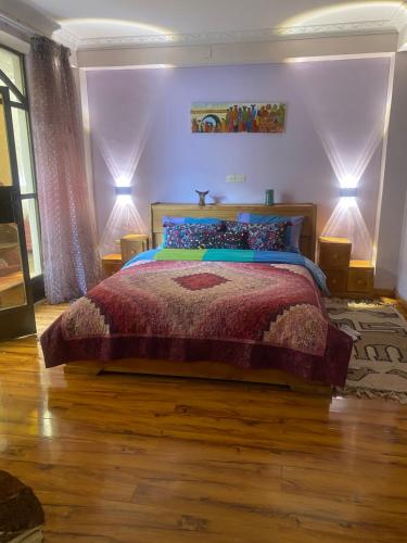 亚的斯亚贝巴Kefetew Guest House的一间卧室设有一张大床,拥有紫色的墙壁和木地板