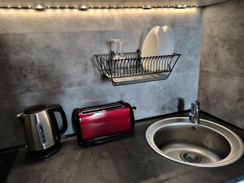 里尔Duplex Cosy Place République的厨房柜台配有水槽和烤面包机