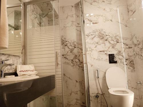 伊尔比德Sedrah Hotel的带淋浴、卫生间和盥洗盆的浴室