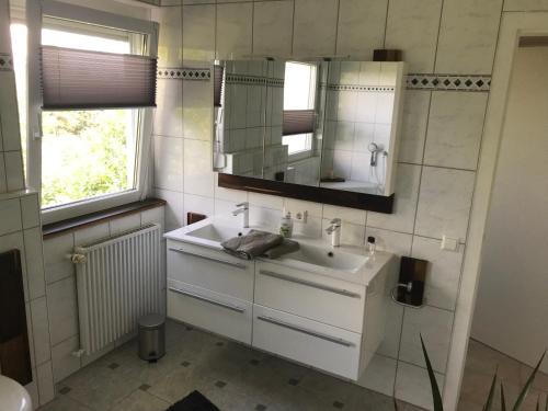 施兰贝格Ferienwohnung Im Grünen的浴室设有白色水槽和镜子