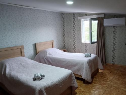 库塔伊西Guest house Katerina的客房设有两张床和窗户。