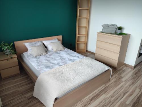 罗兹Chill Studio的一间卧室设有一张床和绿色的墙壁