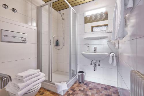 艾森巴哈Landhotel Fuchs的带淋浴和盥洗盆的白色浴室