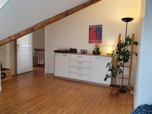 昂吉安班斯2 chambres dans une maison proche de Paris et du Stade de France的厨房铺有木地板,配有白色橱柜。