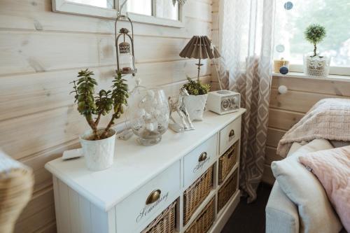 科特卡Guest House Marjala的卧室里装有植物的白色梳妆台