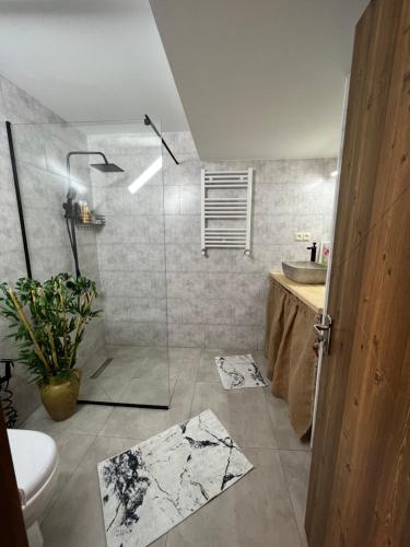 第比利斯Hostel Nomad的带淋浴、卫生间和盥洗盆的浴室