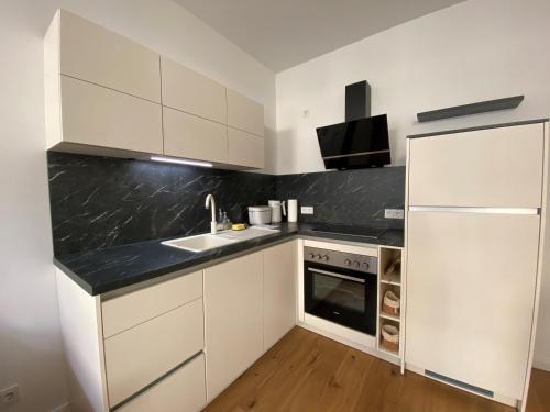 莱比锡Ferienwohnung Lipsia的厨房配有白色橱柜、水槽和冰箱。