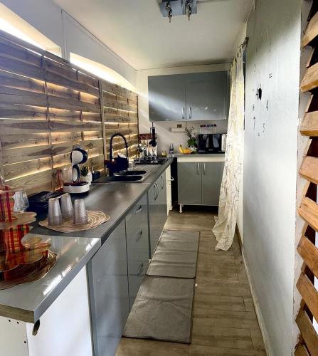 巴斯特尔La suite parentale的厨房配有不锈钢台面和水槽
