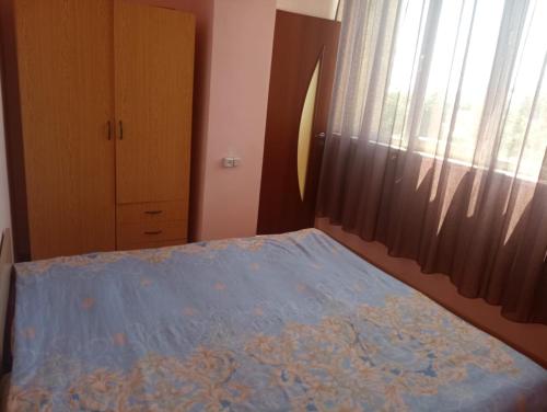 埃里温City Center Cozy Apartment Tigran Mets的一间卧室配有一张带蓝色毯子的床和窗户。