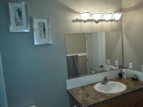 卡尔加里Spacious One Bedroom Walkout Basement Suite的一间带水槽和镜子的浴室
