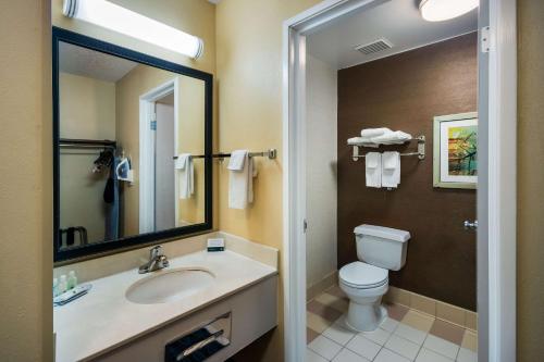 博兹曼Quality Inn & Suites Bozeman的一间带水槽、卫生间和镜子的浴室