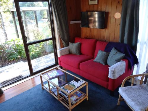 怀卡奈Theo's Cottage的客厅配有红色沙发和电视