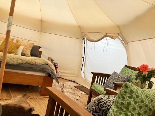 塔卡卡Golden Bay Glamping的帐篷内一间卧室,配有一张床