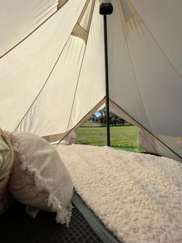 亚拉腊Cosy Glamping Tent 3的前面有白色地毯的大型白色帐篷