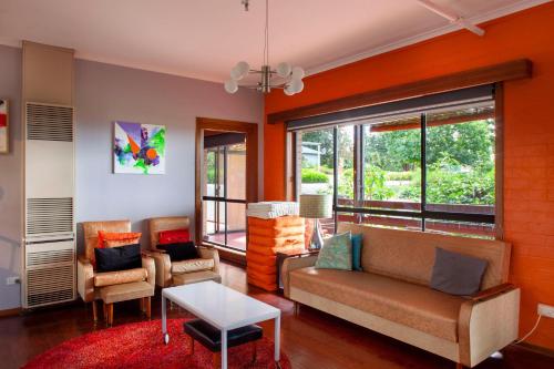 SilvanTreetops - Yarra Valley Country Apartment的客厅配有沙发和两把椅子