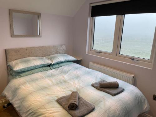 大德里菲尔德Appaloosa suite with amazing views of stud farm.的一间卧室配有一张床,上面有两条毛巾