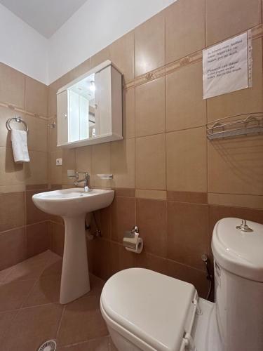 萨兰达Miranda's Apartments & Rooms的一间带卫生间和水槽的浴室