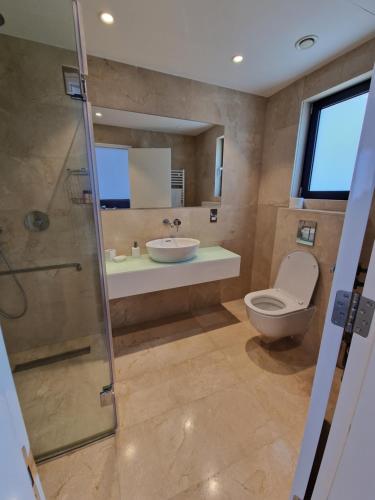 PaphosLuxury 6 bedrooms villa in Cyprus的浴室配有卫生间、盥洗盆和淋浴。