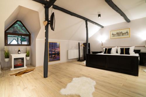 巴克乌i3 Boutique Apart的一间卧室配有一张床和一个壁炉。