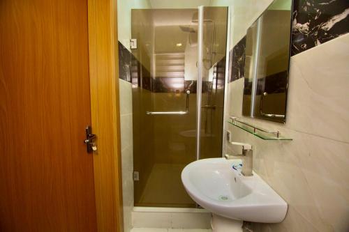 莱基Oasis Villa Lekki的一间带水槽和淋浴的浴室