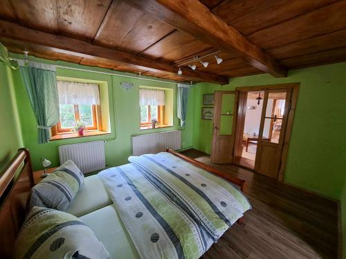 捷克卡梅尼采卡梅里酒店的卧室拥有绿色的墙壁,设有沙发和窗户。