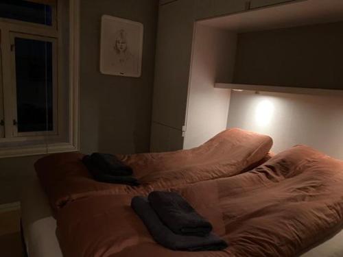 特隆赫姆Jennifers Place的一张位于房间的床,上面有两个枕头