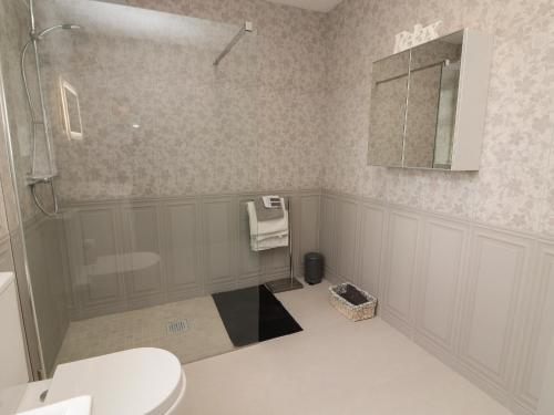 Teach De Barra的浴室配有卫生间、淋浴和盥洗盆。