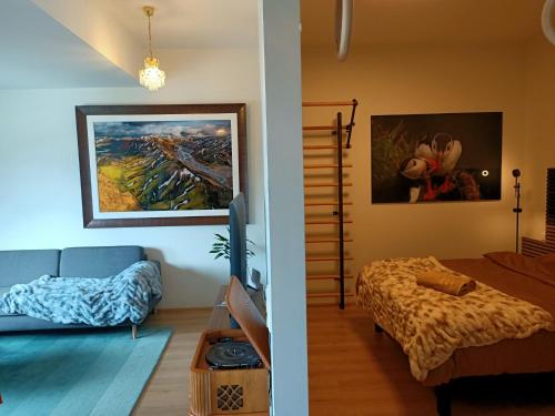雷克雅未克Puffin Nest, Superior Apartment的一间带蓝色沙发的客厅和一间卧室