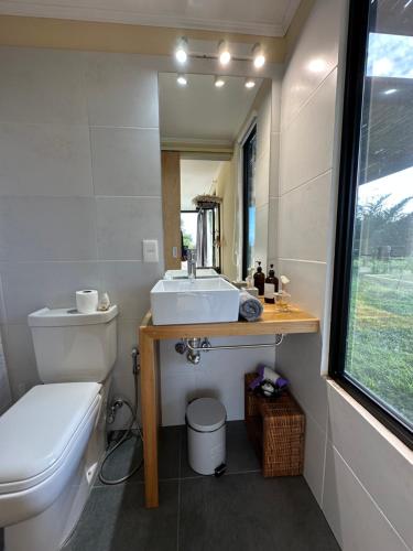 派桑杜Chacra La Recompensa Glamtainer的一间带卫生间、水槽和镜子的浴室