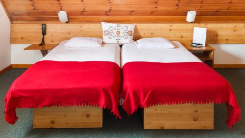 乔尔什滕Willa Jordanówka的红色毯子的客房内的两张床