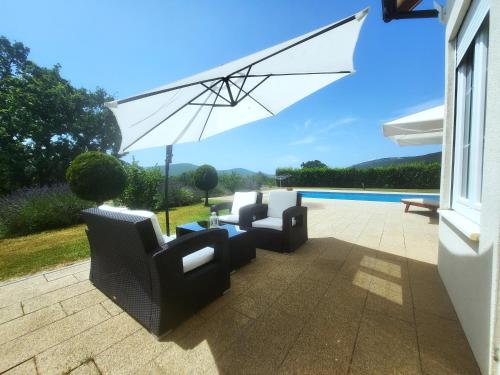 Velika CistaVilla Antonia的一个带椅子和遮阳伞的庭院和一个游泳池