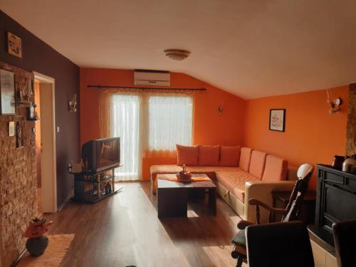 斯科普里Vila Fantastico的橙色的客厅配有沙发和电视
