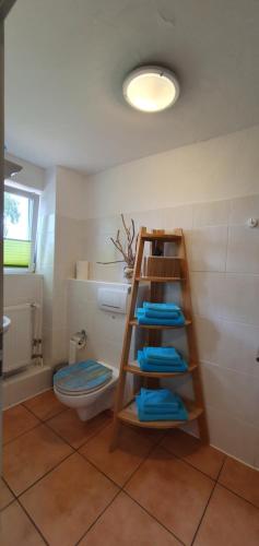 RambinFewo Backbord的浴室设有梯子和带蓝色毛巾的卫生间。