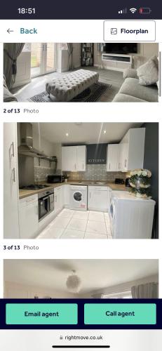 大莫尔文Home from home的两幅厨房照片,厨房配有白色橱柜