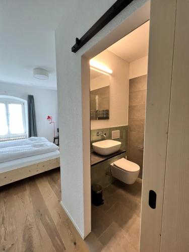 PfaffnauBerghof Erlebnis AG的一间带床、水槽和卫生间的浴室