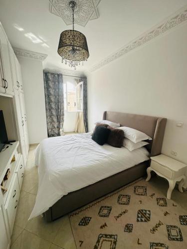 索维拉Appartement jade的一间卧室配有一张大床和一个吊灯。