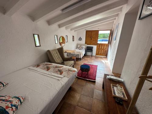 巴塞罗那Hidden garden Central and quiet rest的一间卧室设有一张床和一间客厅。