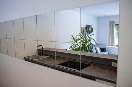 代尔尼采Apartmani Vukman的厨房设有玻璃墙、水槽和柜台。