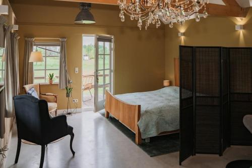 GrafhorstDe Os aan de dijk的一间卧室配有一张床、一把椅子和一个吊灯。