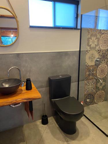 HohenauCasa de Campo Fichtelberger Hohenau的浴室设有黑色的卫生间和水槽。