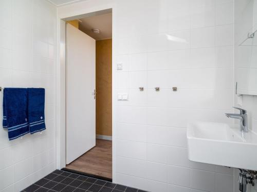 阿克伦Disabled house on the water, on a holiday park in Friesland的浴室设有白色的墙壁、水槽和蓝色的毛巾。