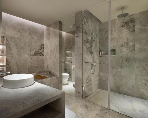 杭州杭州滨江世融艾美酒店的带淋浴、浴缸和盥洗盆的浴室