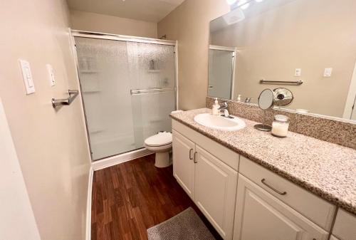 洛杉矶Luxury Marina Unit 2 Bedrooms 2 Bathrooms的带淋浴、盥洗盆和卫生间的浴室